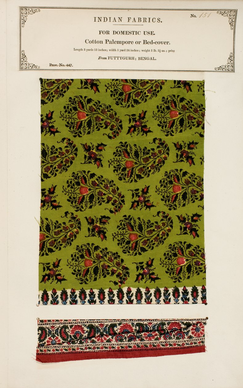 Algodão palempore ou amostra de capa de Futtygurgh em Bengala, de The Collection of the Textile Manufacturers of India, por John Forbes Watson, publicado em 1866 de Indian School