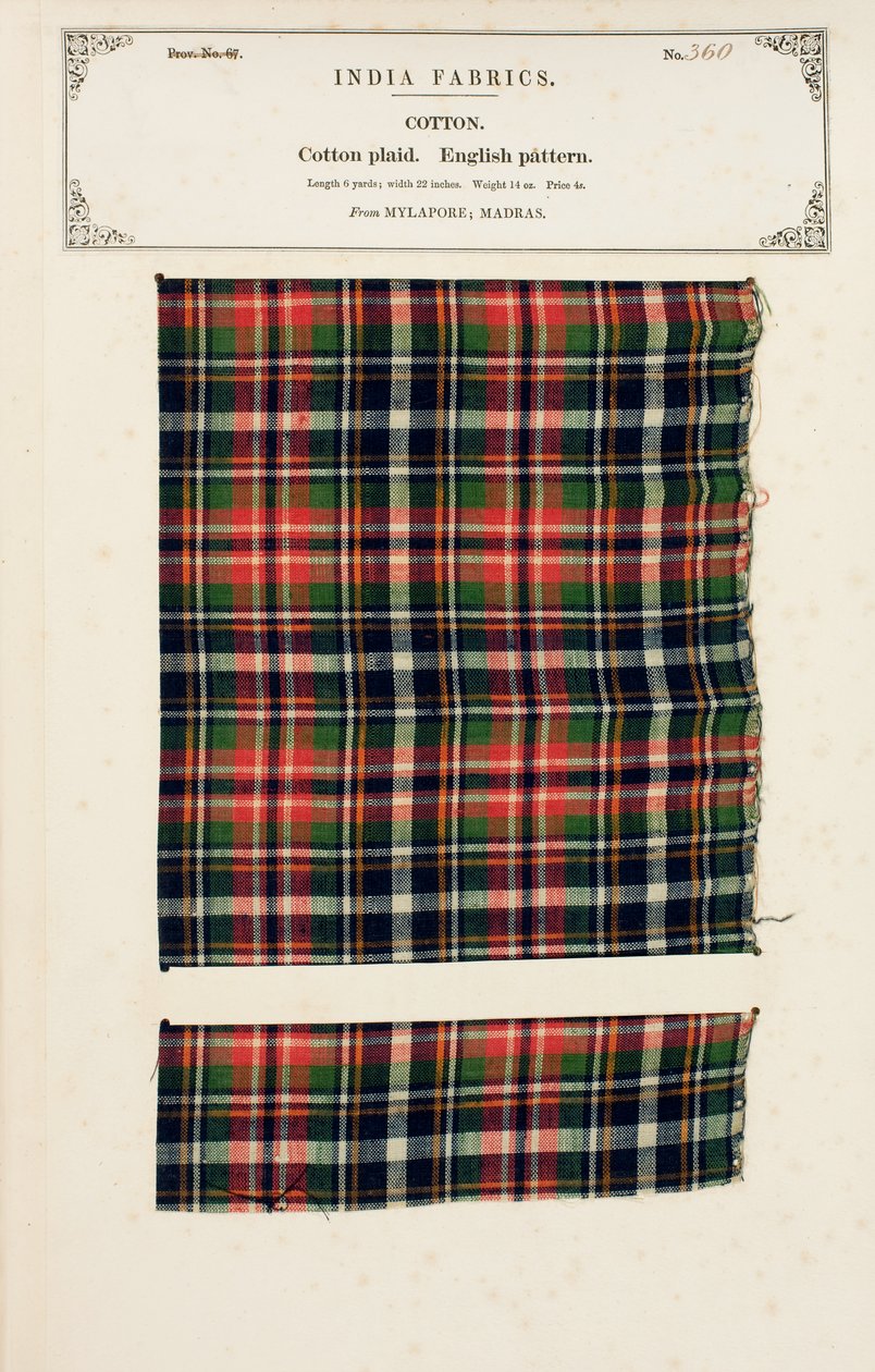 Amostra de xadrez de algodão de Mylapore em Madras, da Coleção de Fabricantes Têxteis da Índia, de John Forbes Watson, publicada em 1866 de Indian School