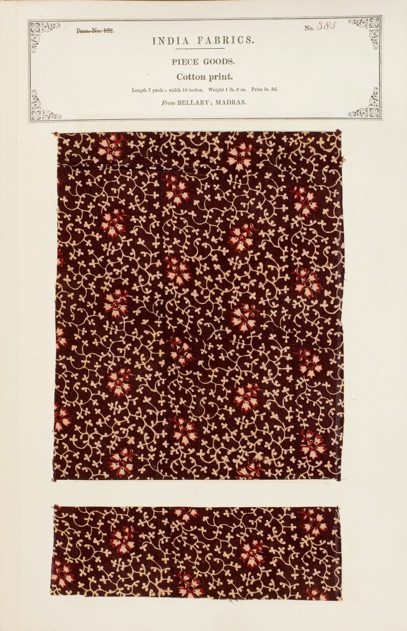 Amostra de estampa de algodão de Bellary em Madras, da Coleção de Fabricantes Têxteis da Índia, de John Forbes Watson, publicada em 1866 de Indian School