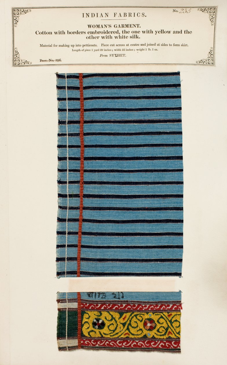 Amostra de algodão bordada com seda branca e amarela de Sylhet, da Coleção de Fabricantes Têxteis da Índia, de John Forbes Watson, publicada em 1866 de Indian School