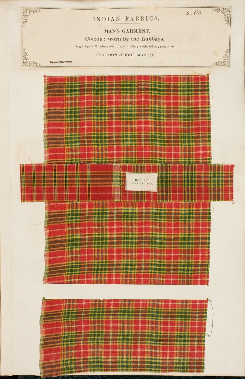 Amostra de algodão de Coonathoor em Madras, da Coleção de Fabricantes Têxteis da Índia, de John Forbes Watson, publicada em 1866 de Indian School