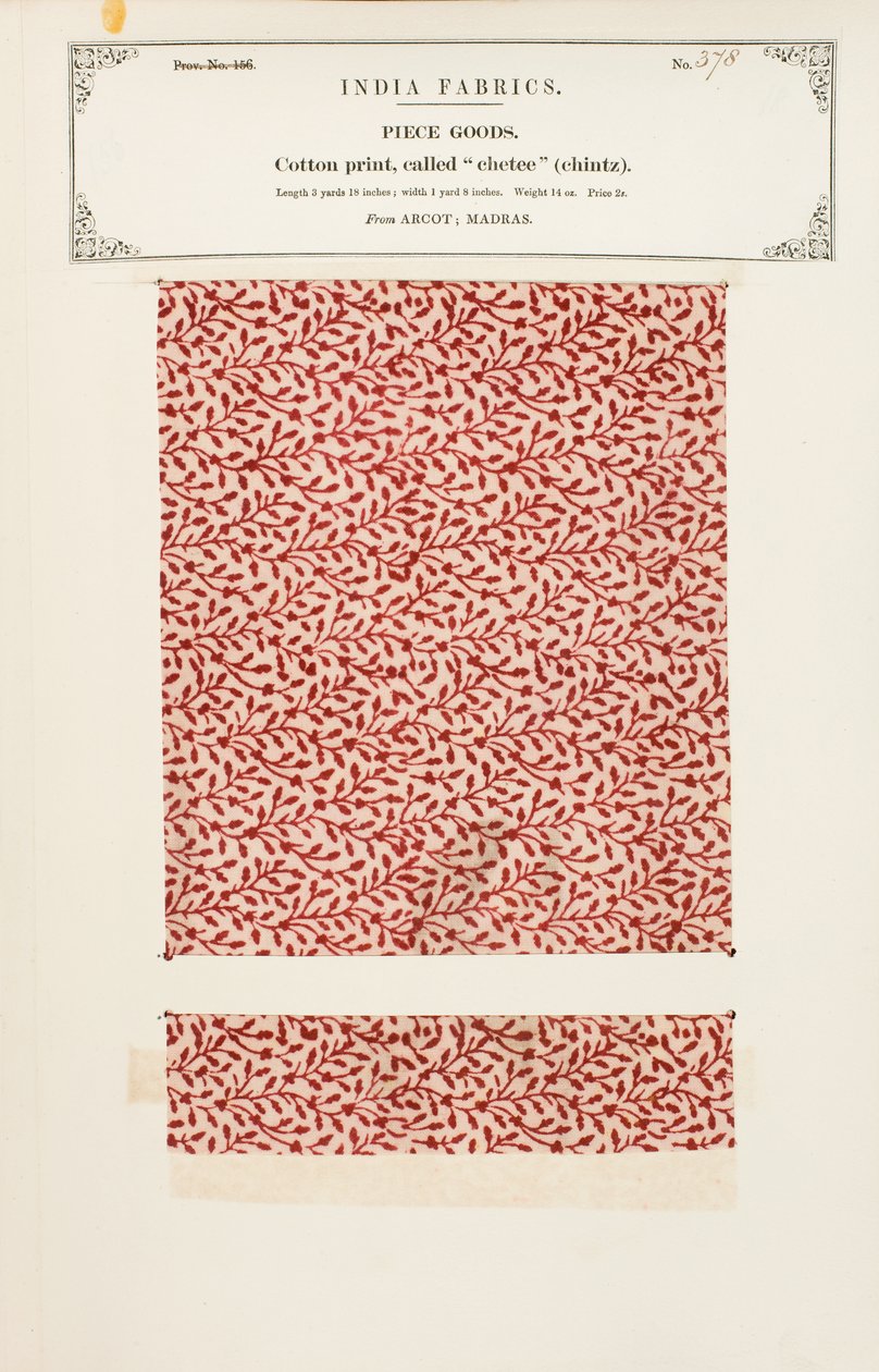 Amostra de algodão com uma impressão chetee (chintz) de Arcot em Madras, da Coleção dos Fabricantes Têxteis da Índia, por John Forbes Watson, publicada em 1866 de Indian School