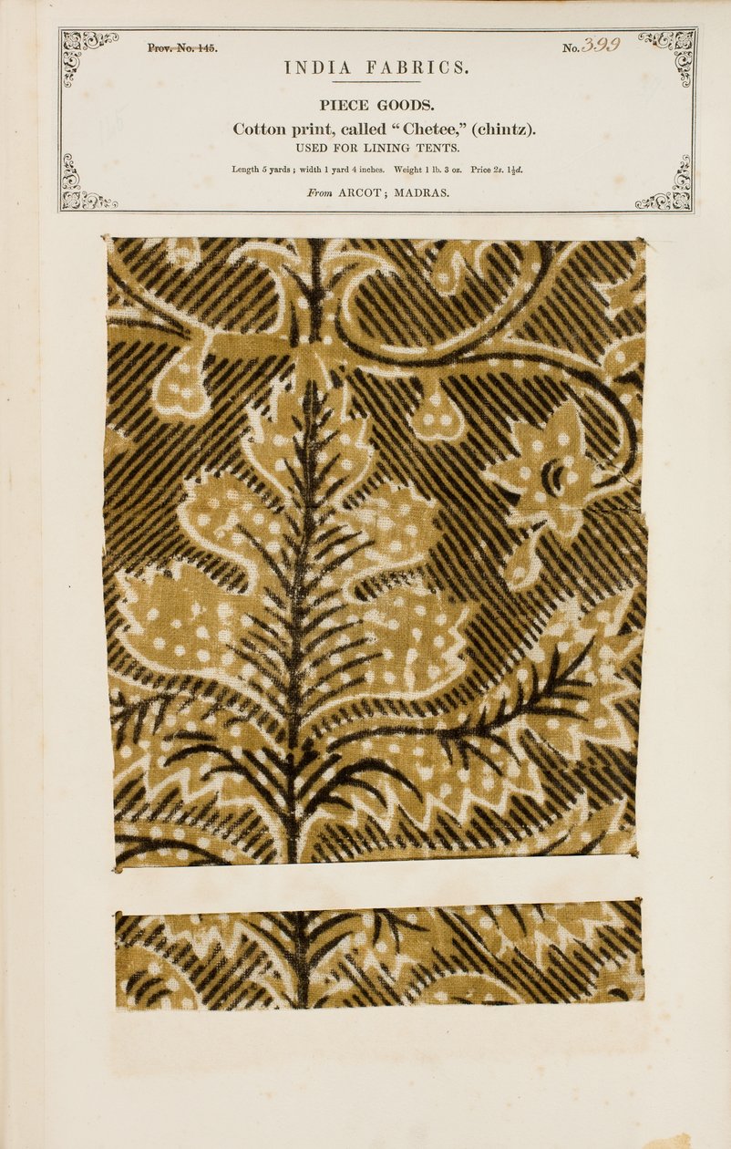 Amostra de algodão com estampa de chet (chintz) de Arcot em Madras, da Coleção de Fabricantes Têxteis da Índia, de John Forbes Watson, publicada em 1866 de Indian School