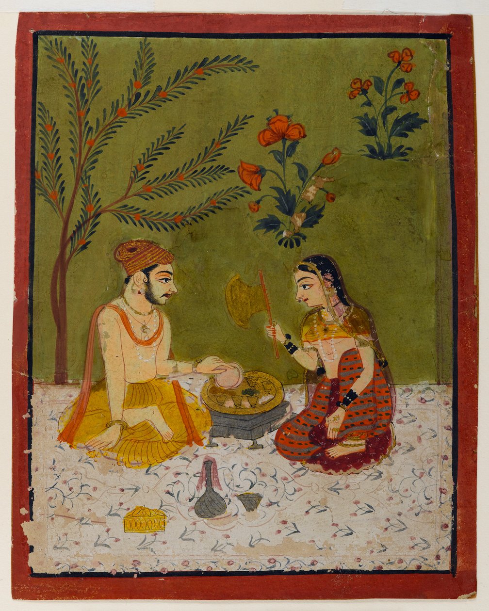 Casal sentado debaixo de uma árvore, c.1700 (wc e ouro sobre papel) de Indian School