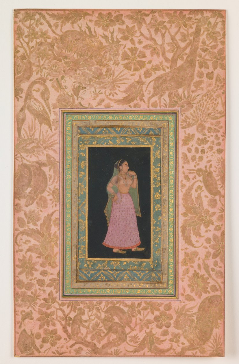 Dama da corte, dinastia Mughal, reinado de Aurangzeb, c.1660-1700 (tinta e aguarela sobre papel) de Indian School