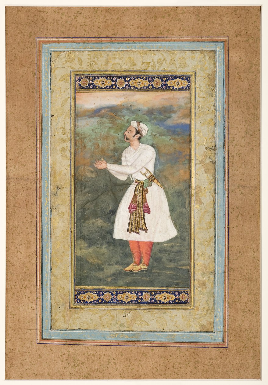 Cortesão de pé em atitude de grande respeito, c.1575 (wc opaca e ouro no papel) de Indian School