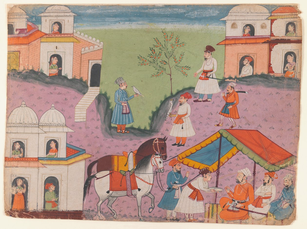 Escapadas cortesãos, página de uma série narrativa não identificada, c.1670 (wc opaca no papel) de Indian School