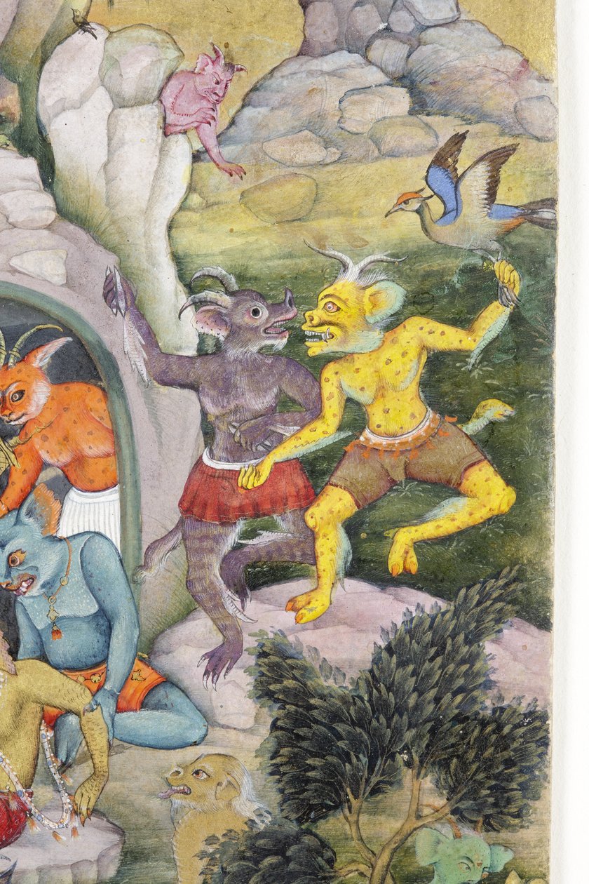 Demônios em uma paisagem selvagem, c.1600 (wc opaca e ouro no papel) de Indian School