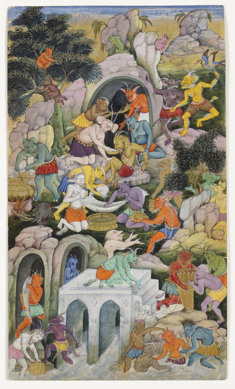 Demônios em uma paisagem selvagem, c.1600 (wc opaca e ouro no papel) de Indian School