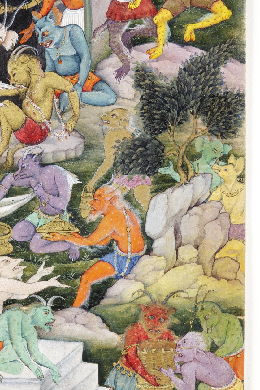 Detalhe de demônios em uma paisagem selvagem, c.1600 (wc opaca e ouro no papel) de Indian School