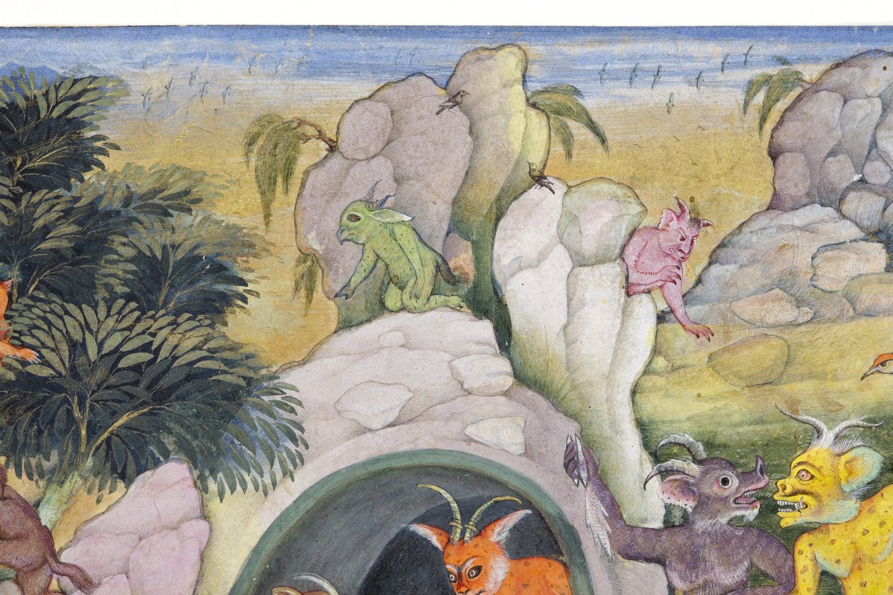 Detalhe de demônios em uma paisagem selvagem, c.1600 (wc opaca e ouro no papel) de Indian School