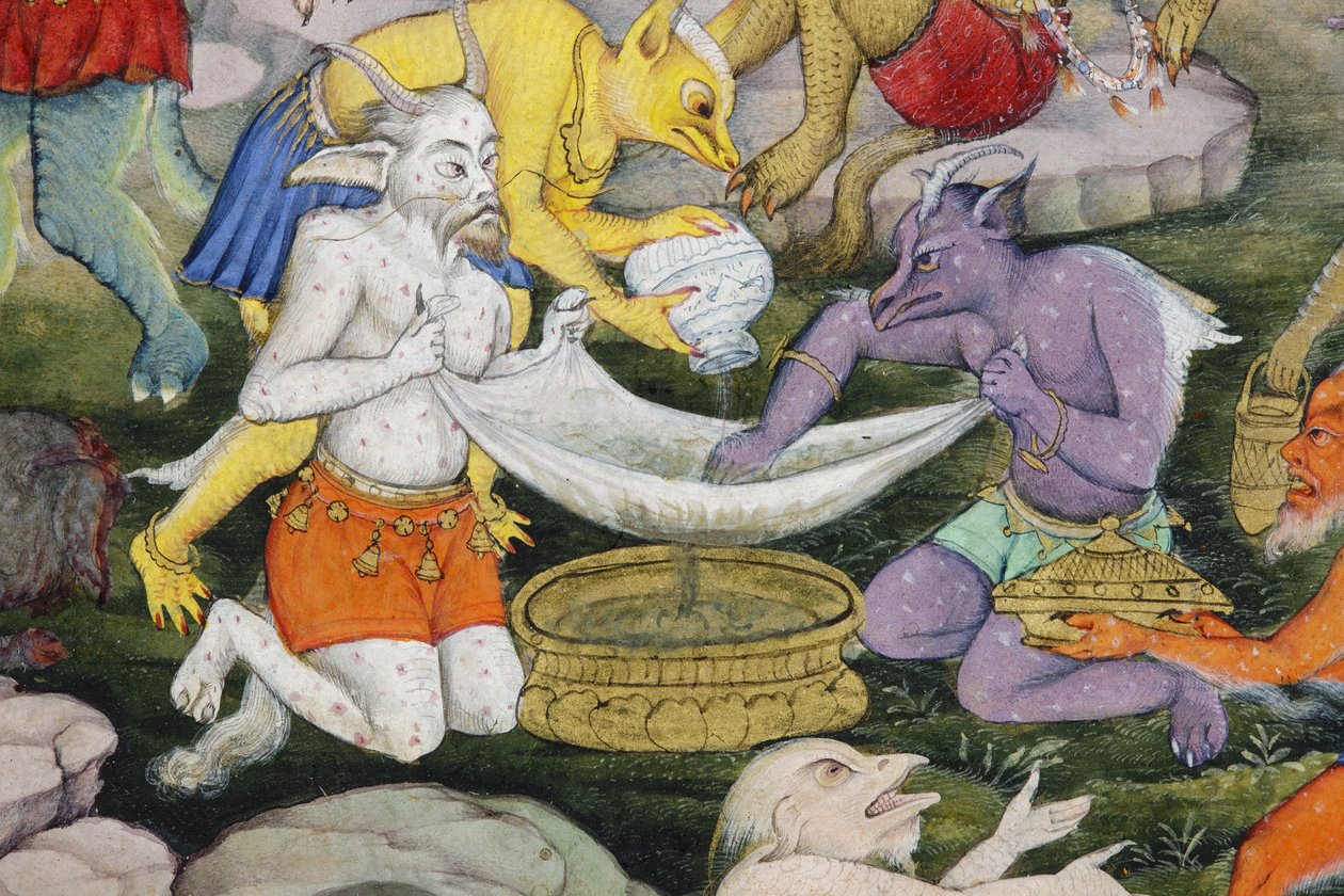 Detalhe de demônios em uma paisagem selvagem, c.1600 (wc opaca e ouro no papel) de Indian School