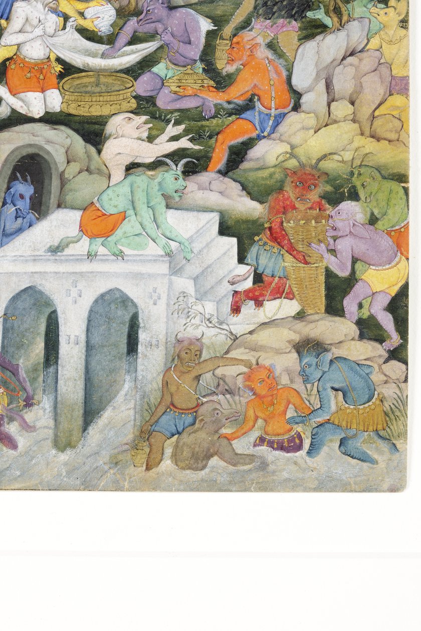 Detalhe de demônios em uma paisagem selvagem, c.1600 (wc opaca e ouro no papel) de Indian School