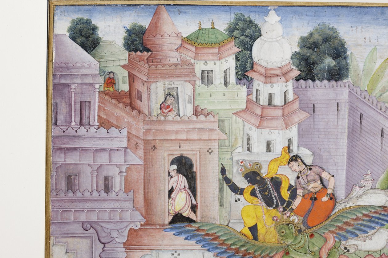 Detalhe de Krishna Fere o Demônio Narakasura com seu Discus, c.1585-90 (wc opaco e ouro no papel) de Indian School