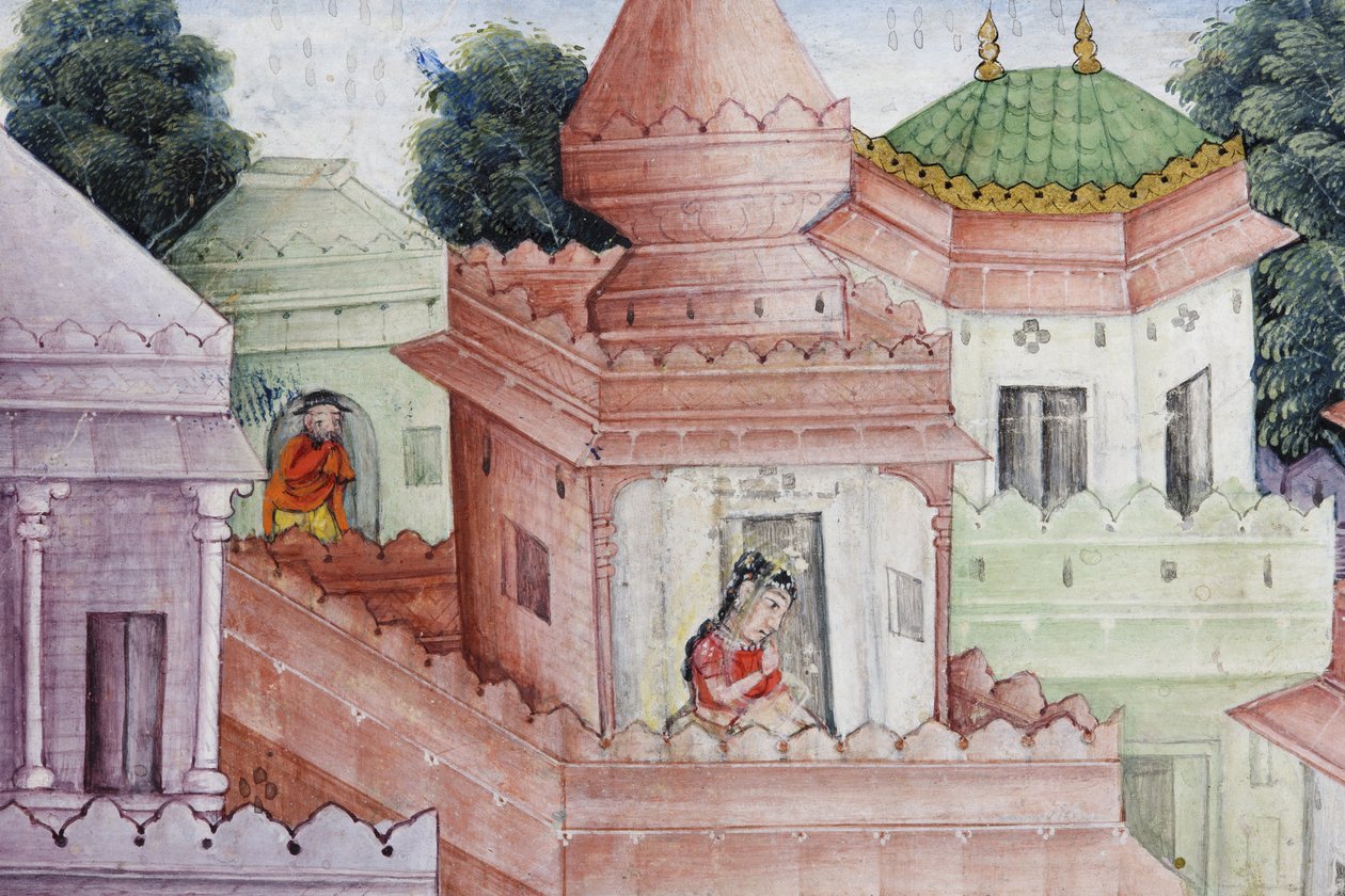 Detalhe de Krishna Fere o Demônio Narakasura com seu Discus, c.1585-90 (wc opaco e ouro no papel) de Indian School