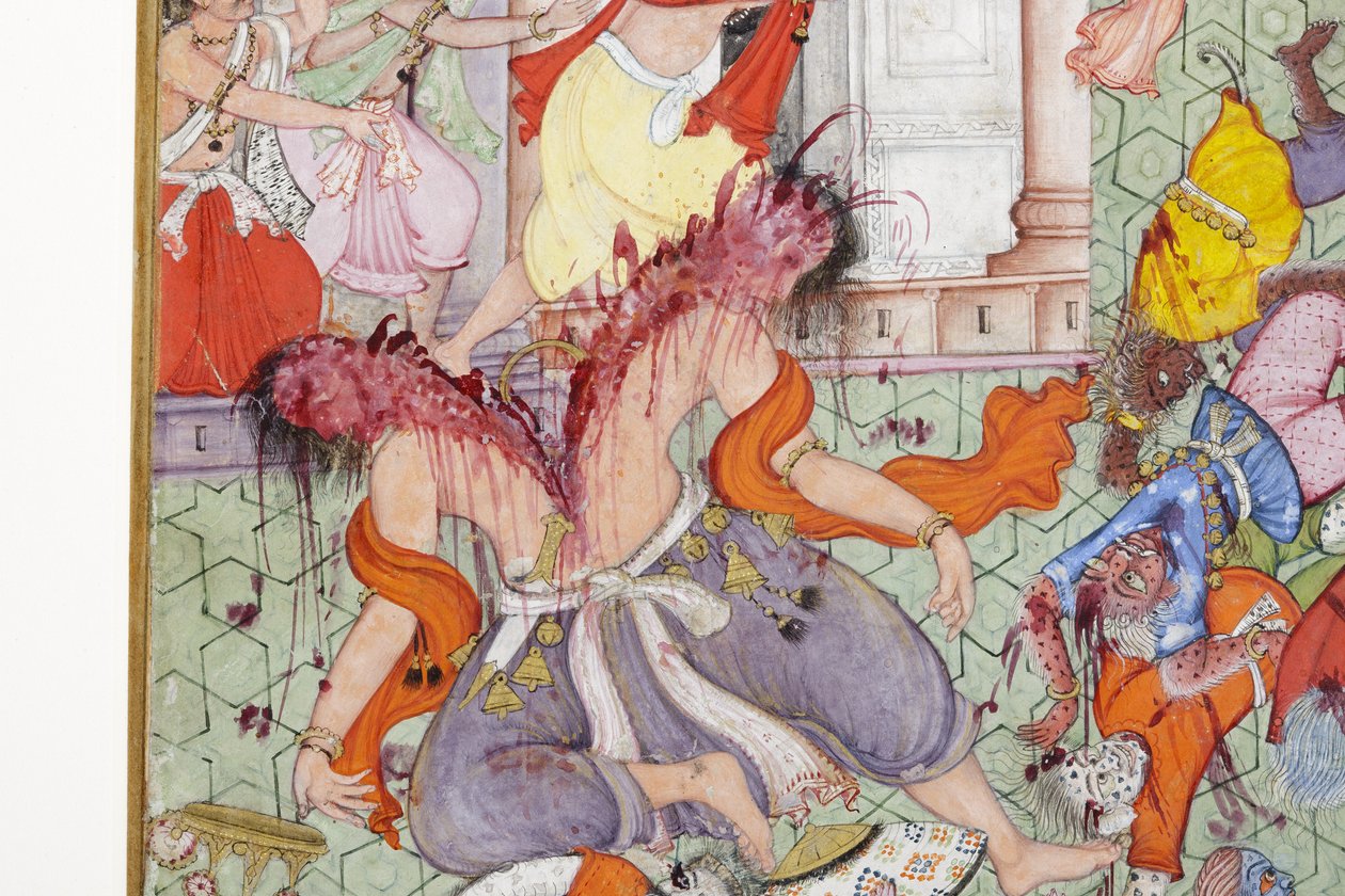 Detalhe de Krishna Fere o Demônio Narakasura com seu Discus, c.1585-90 (wc opaco e ouro no papel) de Indian School