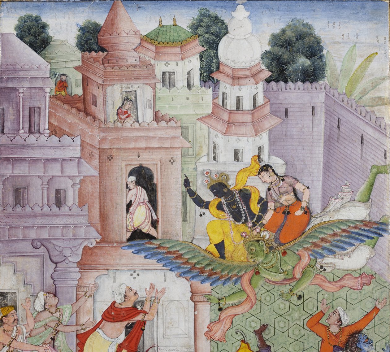 Detalhe de Krishna Fere o Demônio Narakasura com seu Discus, c.1585-90 (wc opaco e ouro no papel) de Indian School
