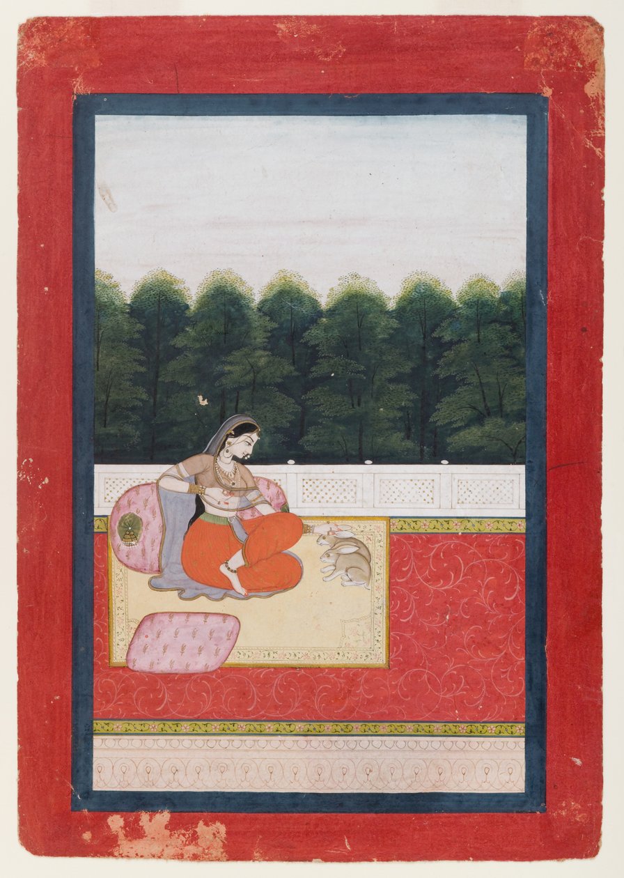 Dhanashri Ragini, página de uma série de Ragamala, c.1790 ou anterior (wc e ouro no papel) de Indian School