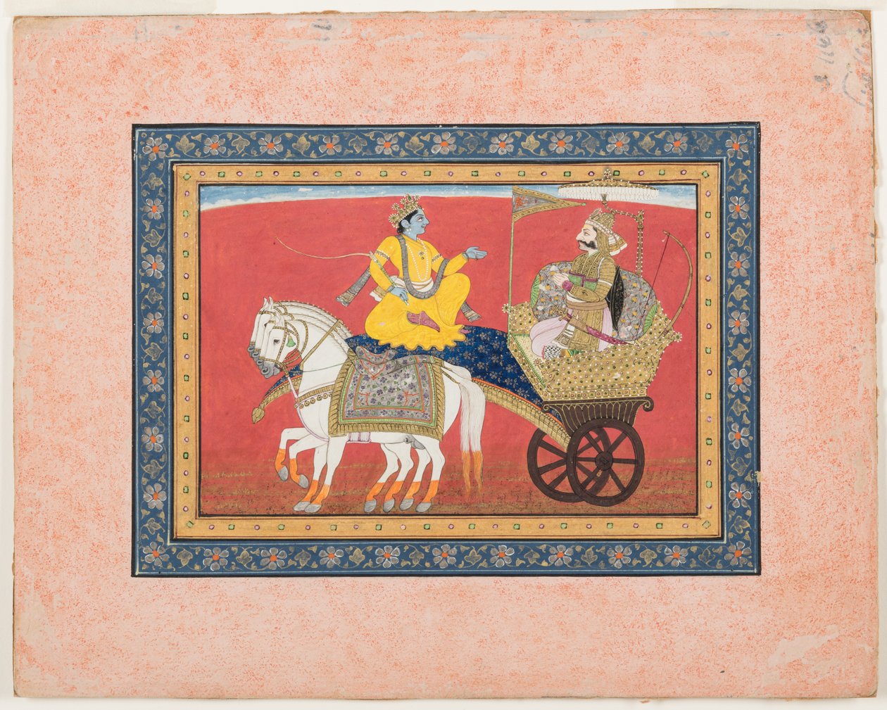 Diálogo entre Krishna e Arjuna no campo de batalha de Kurukshetra, c.1820 (aquarela opaca e ouro sobre papel) de Indian School