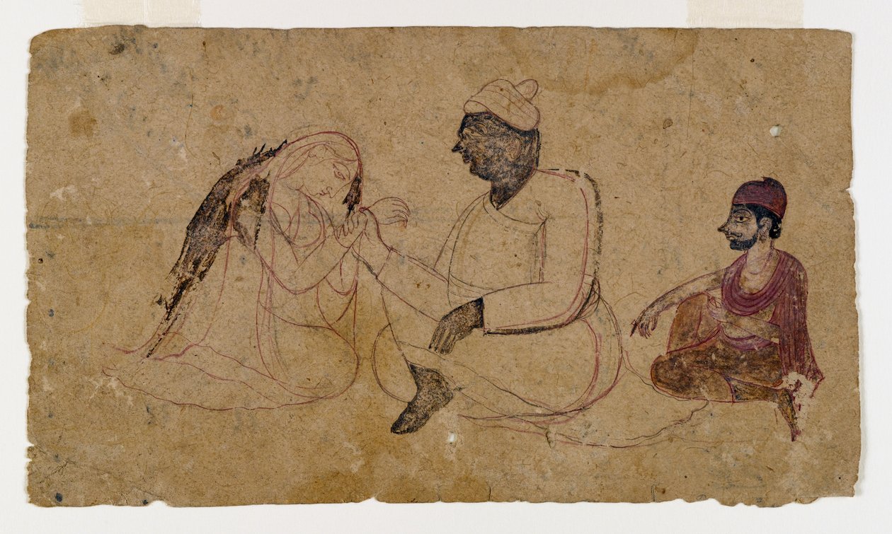 Desenho de Três Figuras Sentadas, c.1750 (tinta e cor sobre papel) de Indian School