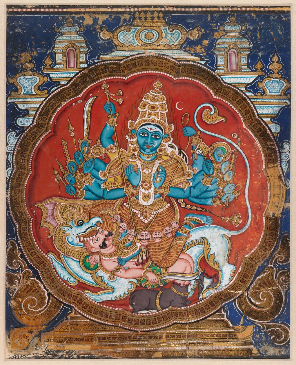 Durga Killing the Buffalo Demon (aguarela opaca embelezada com ouro aplicado e tiras de verniz) de Indian School