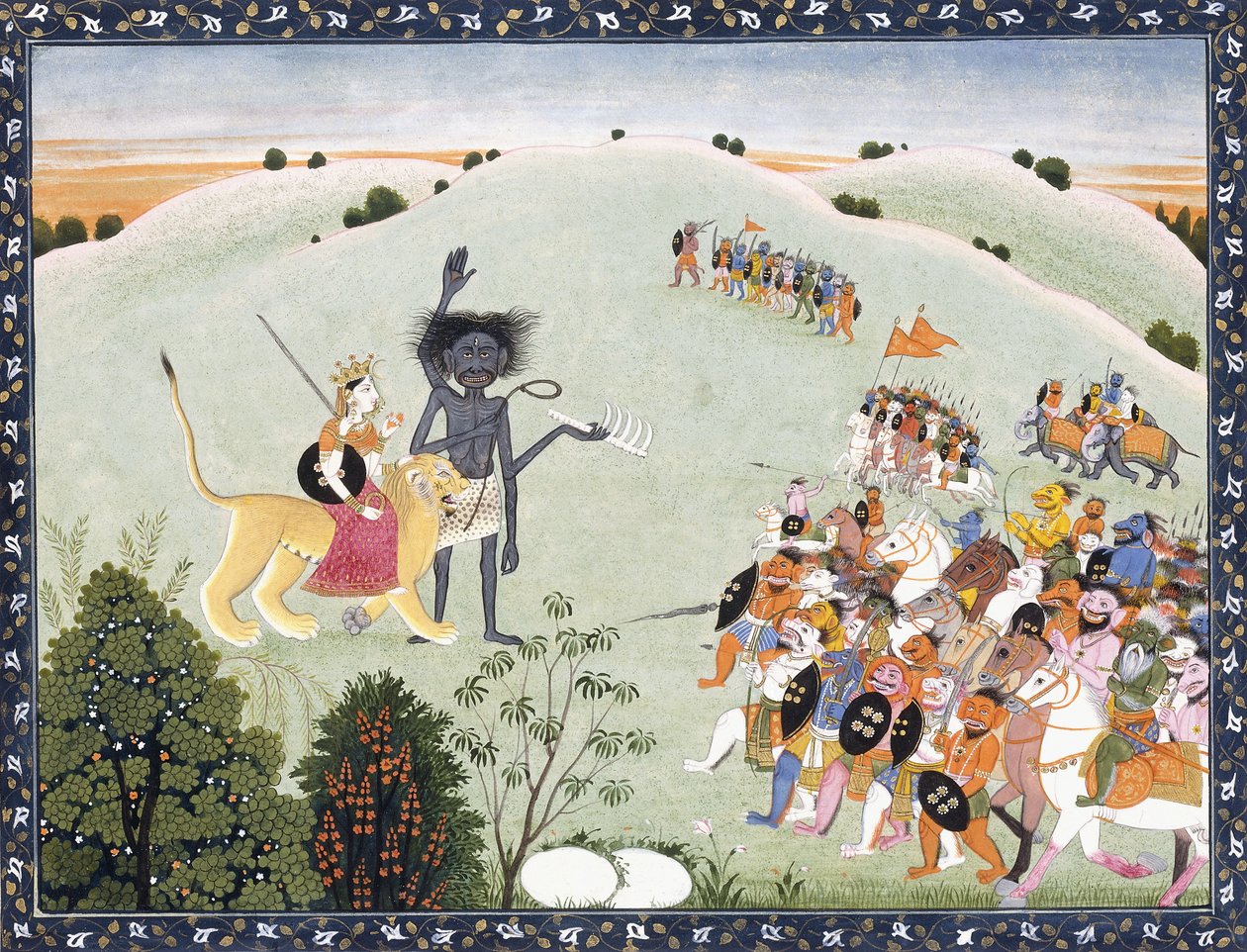 Durga e Kali em pé diante do anfitrião avançado dos demônios, c.1800-1820 de Indian School