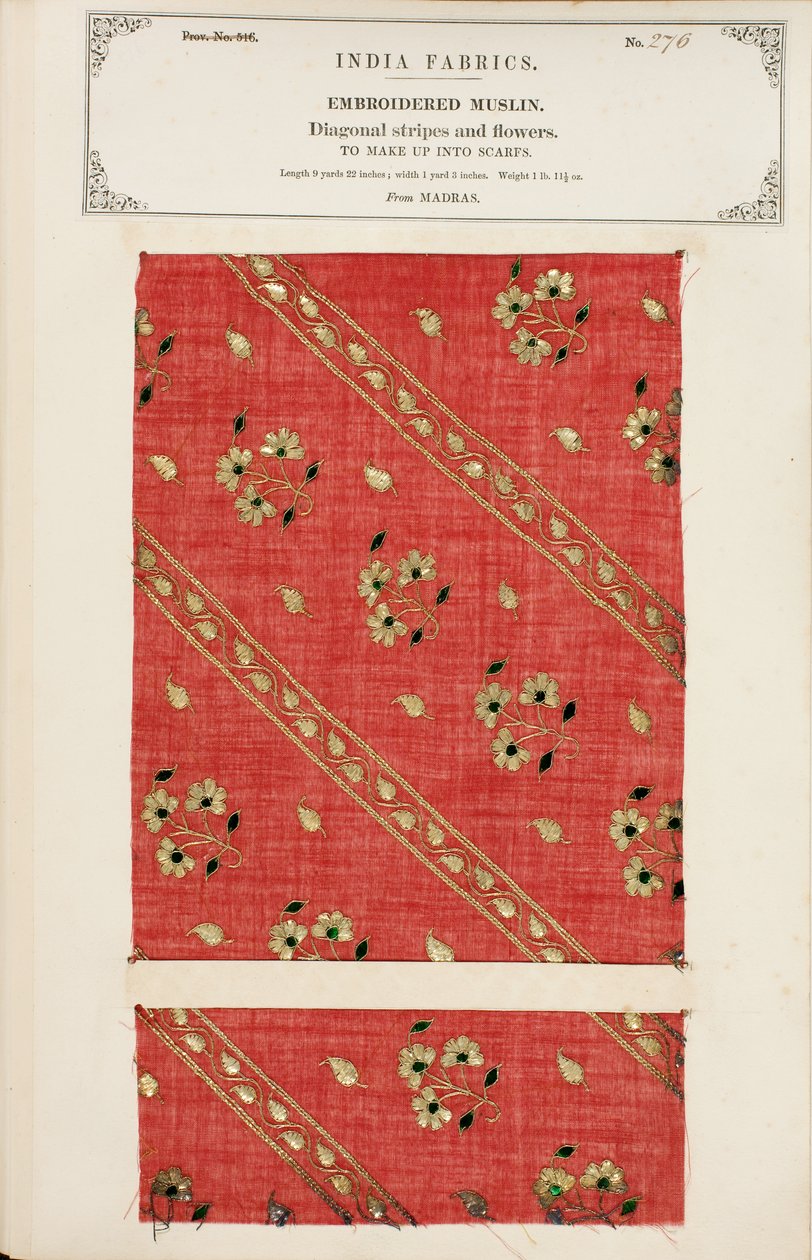 Amostra de musselina bordada de Madras, da Coleção dos Fabricantes Têxteis da Índia, de John Forbes Watson, publicada em 1866 de Indian School