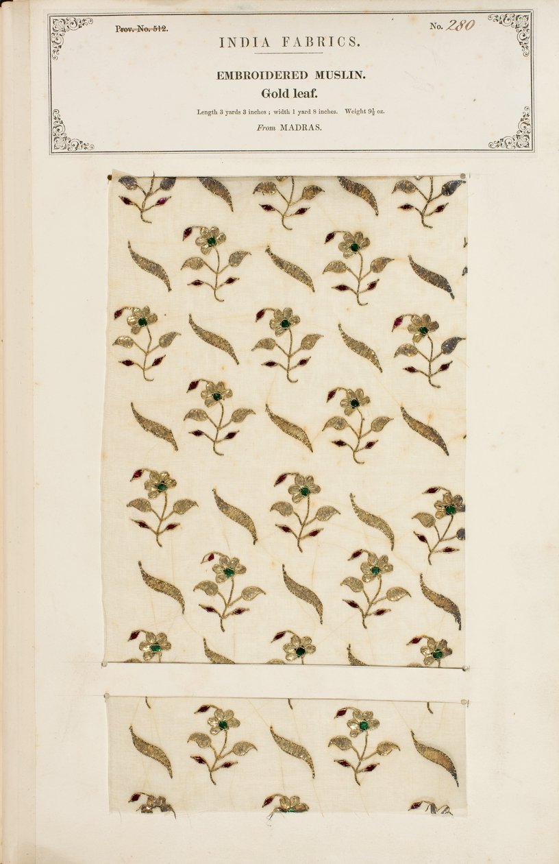 Amostra de musselina bordada de Madras, da Coleção dos Fabricantes Têxteis da Índia, de John Forbes Watson, publicada em 1866 de Indian School