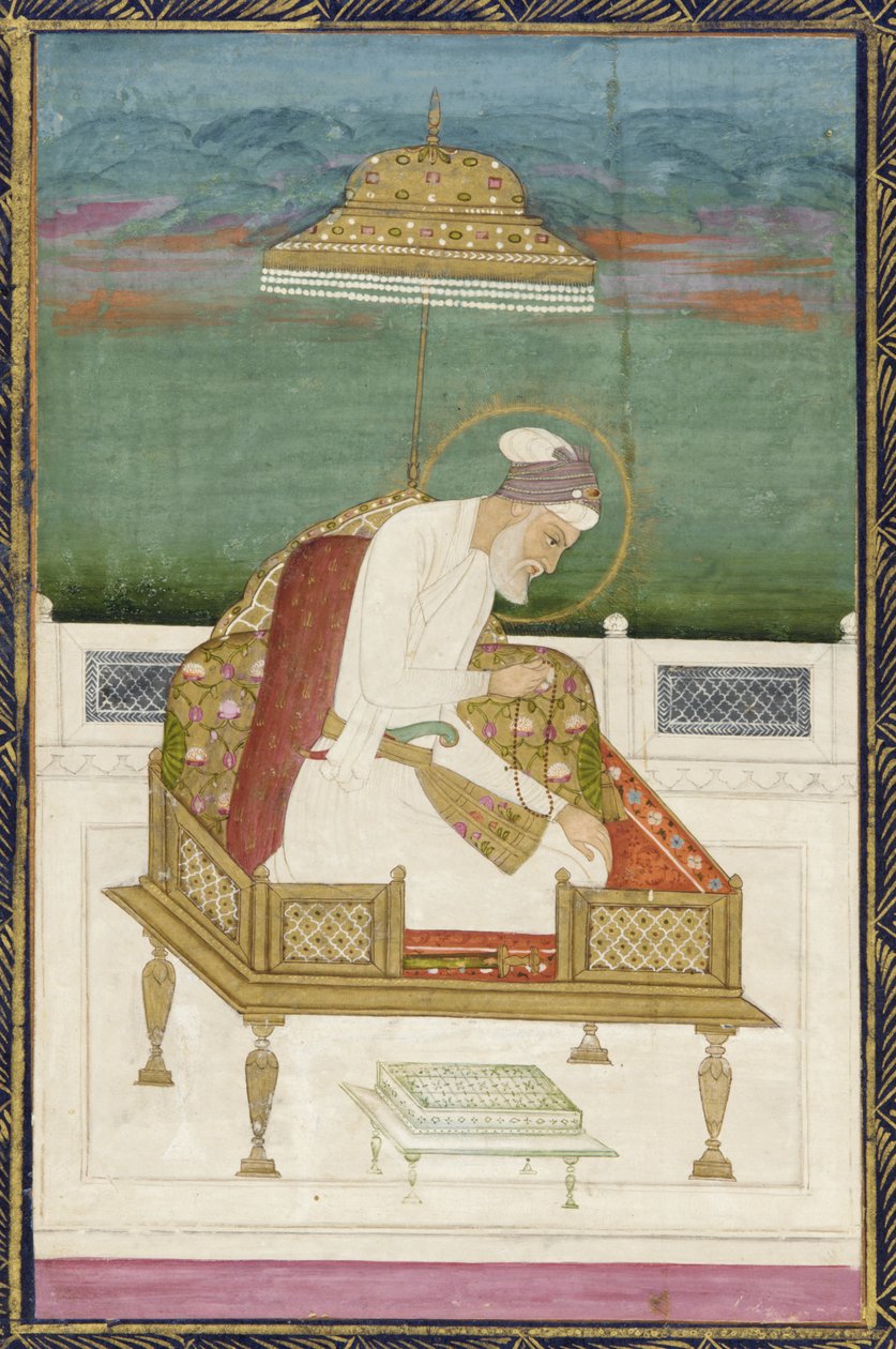 Imperador Aurangzeb; reverso: painel caligráfico, álbum destacado folio com pintura, 1619 de Indian School