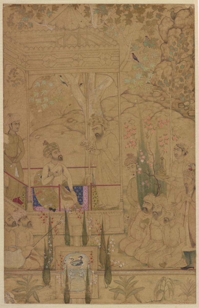 Imperador Babur com atendentes em um jardim, c.1590 de Indian School