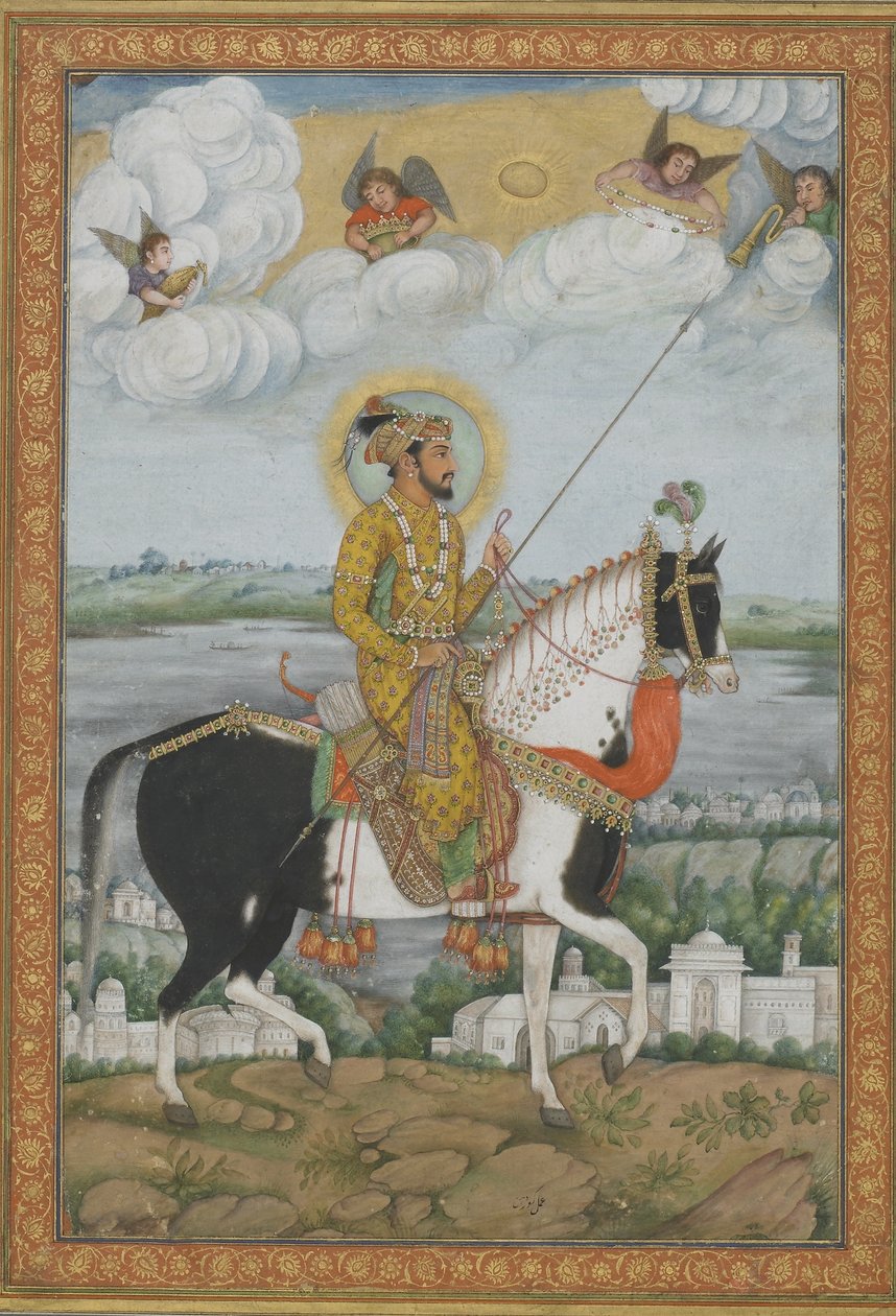 Retrato Equestre do Imperador Shah Jahan do Álbum Kevorkian (aquarela opaca e ouro sobre papel) de Indian School