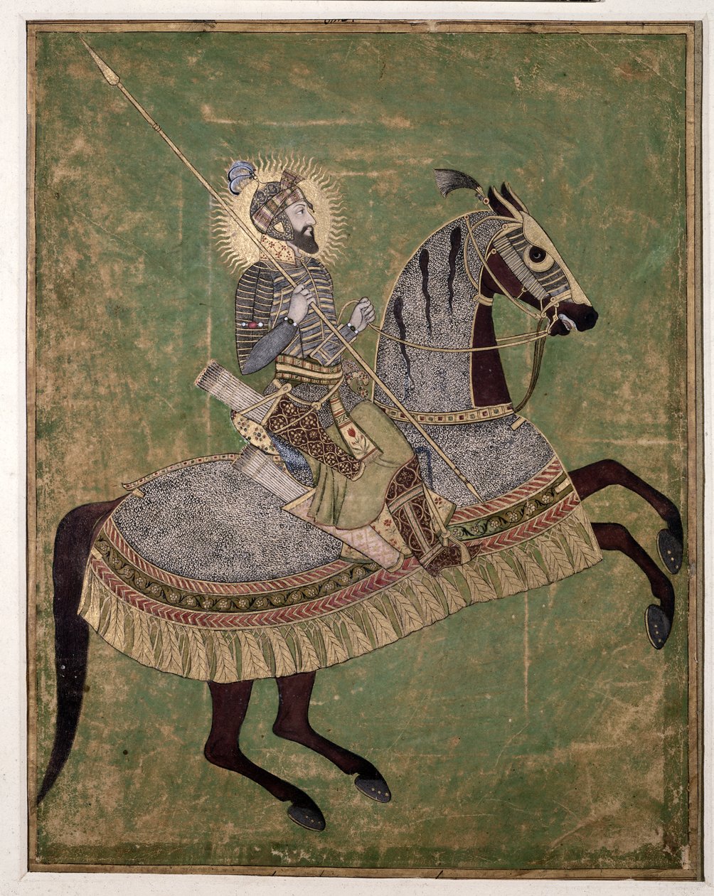 Retrato equestre de Aurangzeb, c. 1680 (aquarela, guache e ouro) de Indian School
