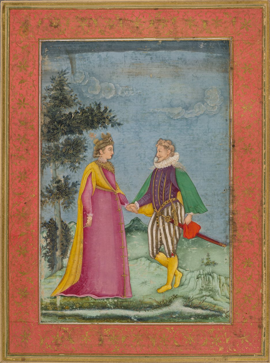 Cavalheiro e dama europeus, vestidos com traje elizabetano, ilustração de 