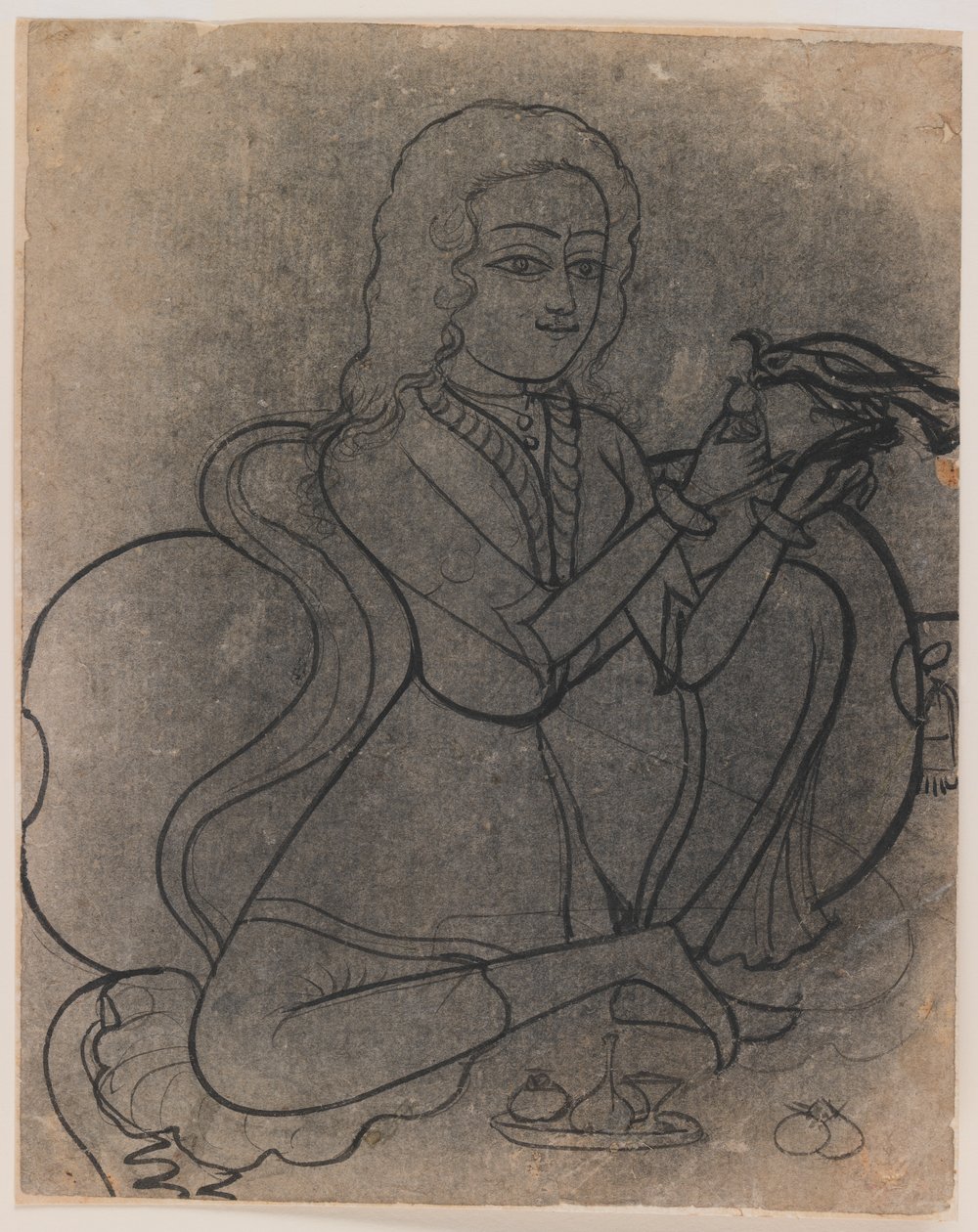 Menina européia alimentando um papagaio, c.1780 (tinta no papel, aproveitado para transer) de Indian School