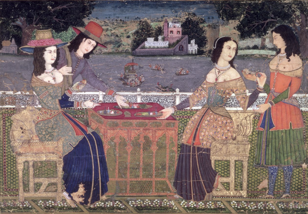 Europeus Refrescando-se na varanda, Mughal, possivelmente Deccan (wc opaca no papel) de Indian School