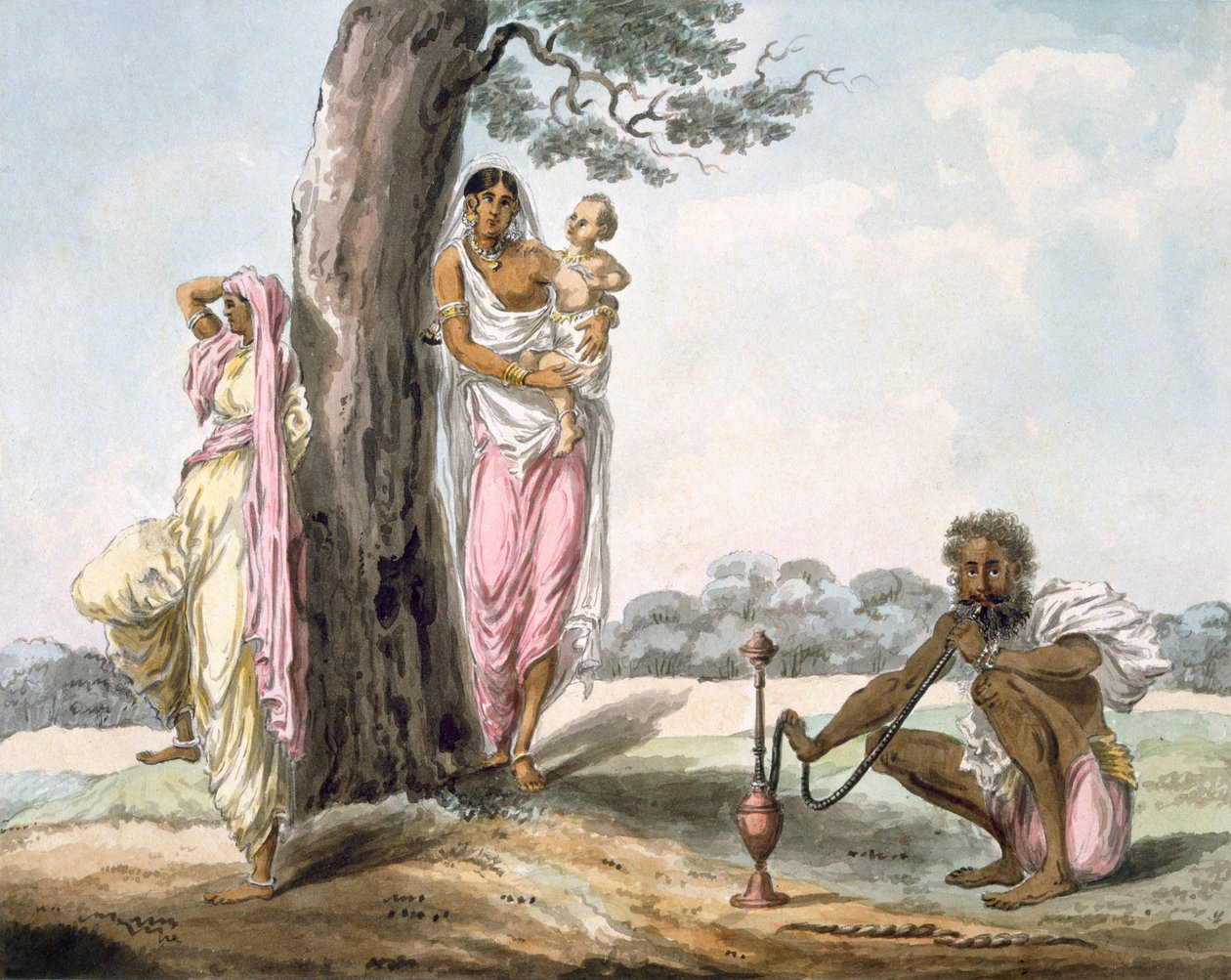 Família: Homem fumando um cachimbo de água e uma menina fazendo Yoga, c.1850 (wc no papel) de Indian School