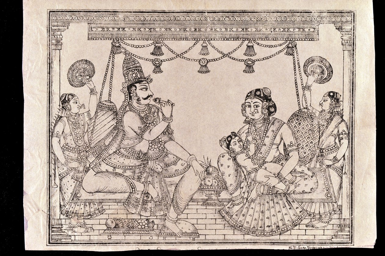 Cena da família (impressão em xilogravura) de Indian School