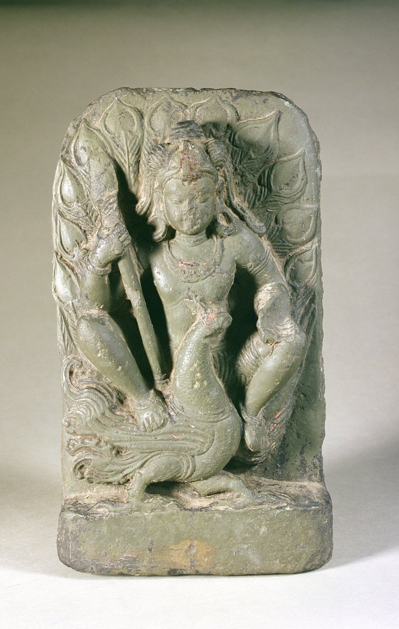 Figura de Skanda com seu pavão, Punjab Hills (arenito) de Indian School