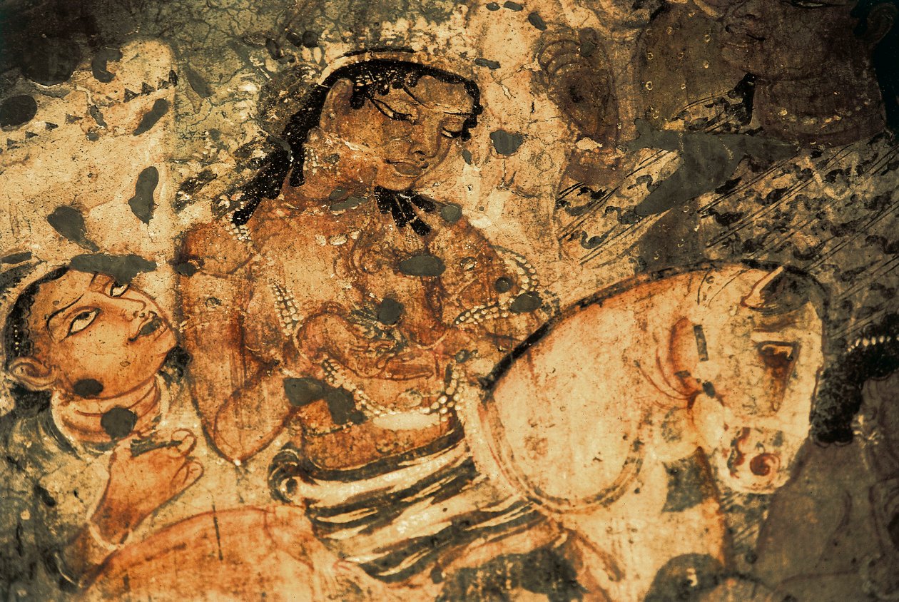 Figura de uma mulher no lombo de um cavalo, pintura Mural nas cavernas de Ajanta (número 1), período Gupta, século V-6 (pintura) de Indian School