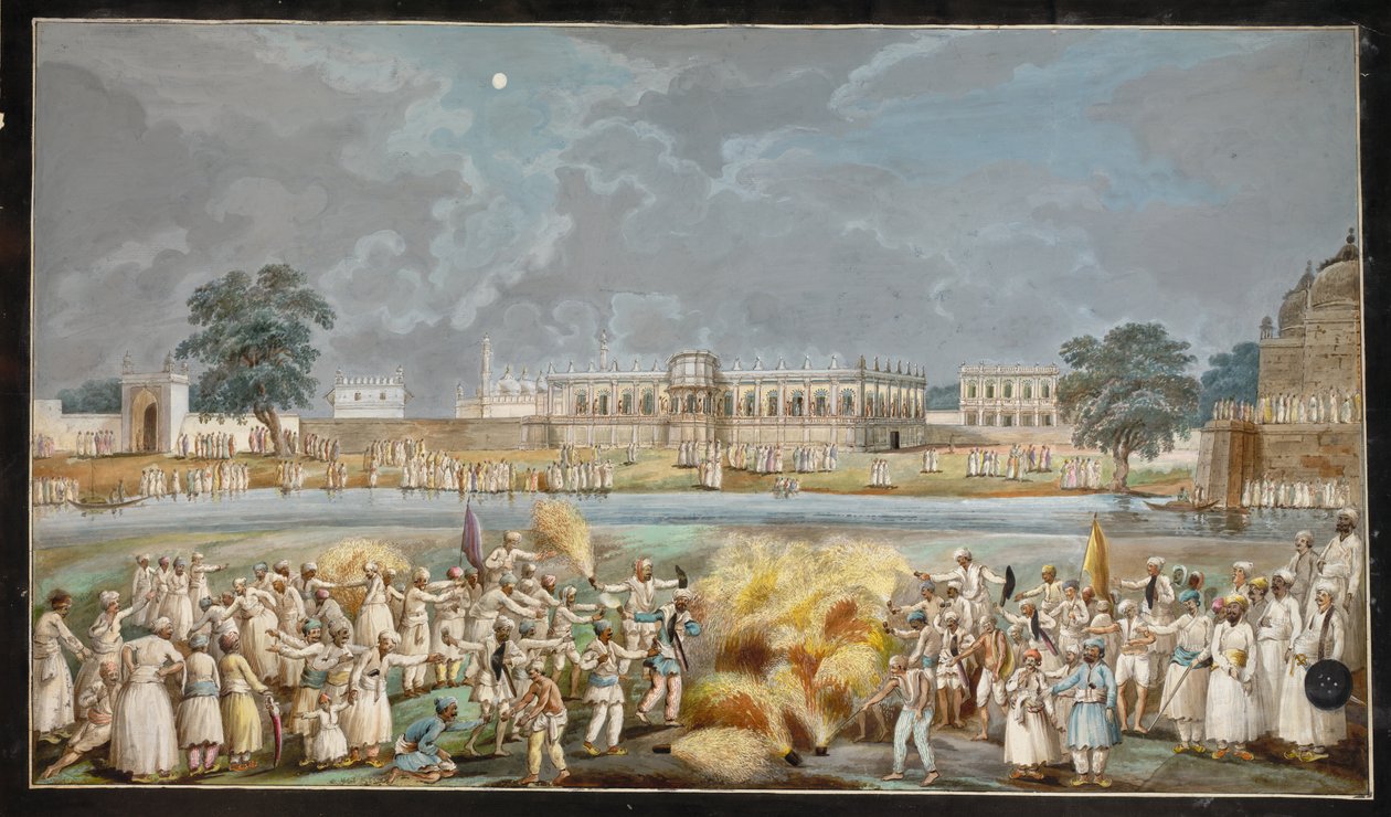 Fogo de artifício em uma noite de luar do lado de fora do Agna Mahal, parte do palácio do Nawab ao lado do rio em Murshidabad, c.1790-1800 (aquarela sobre papel) de Indian School