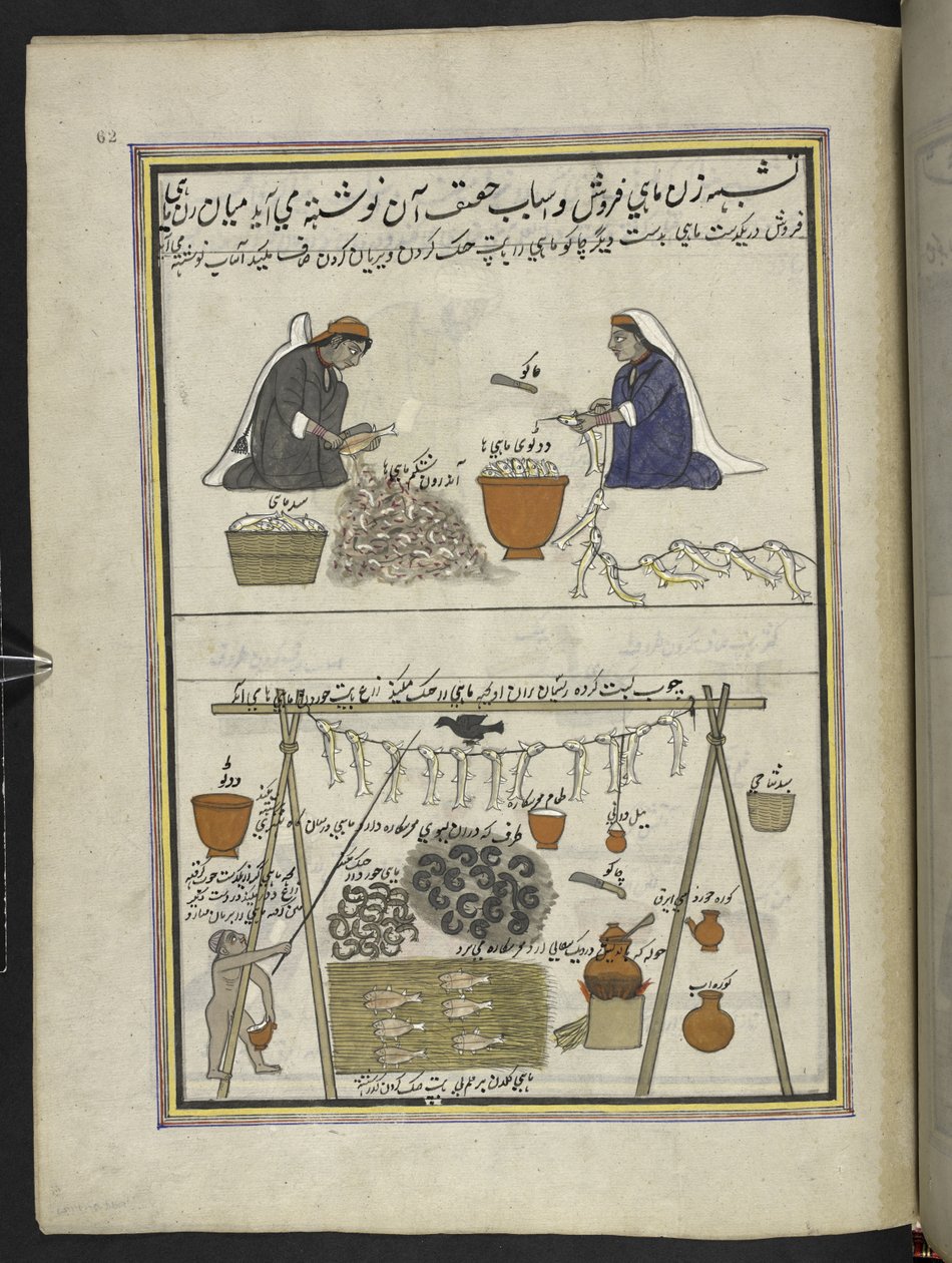Pescadores, Mulheres a esventrar peixe; Homem a secar peixe, 86 desenhos ligados a um volume representando ofícios e profissões em Caxemira, Artesãos são mostrados no trabalho com os seus utensílios e equipamento, Por um artista de Caxemira, provavelmente  de Indian School