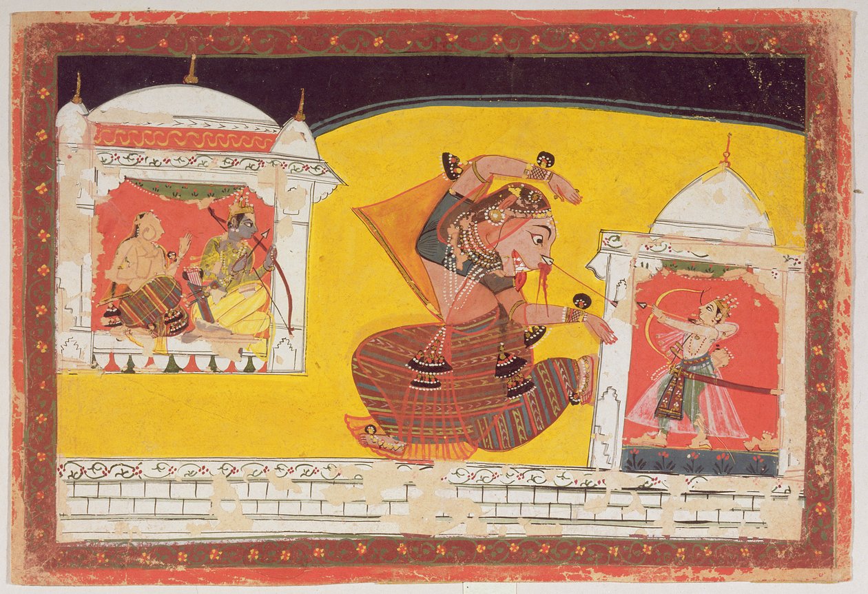 Fólio 27 Laksmama corta o nariz de Surpanakha, do Ramayana, inscrito no verso em Devanagari, Malwa, Escola Rajput, final do século XVII. de Indian School