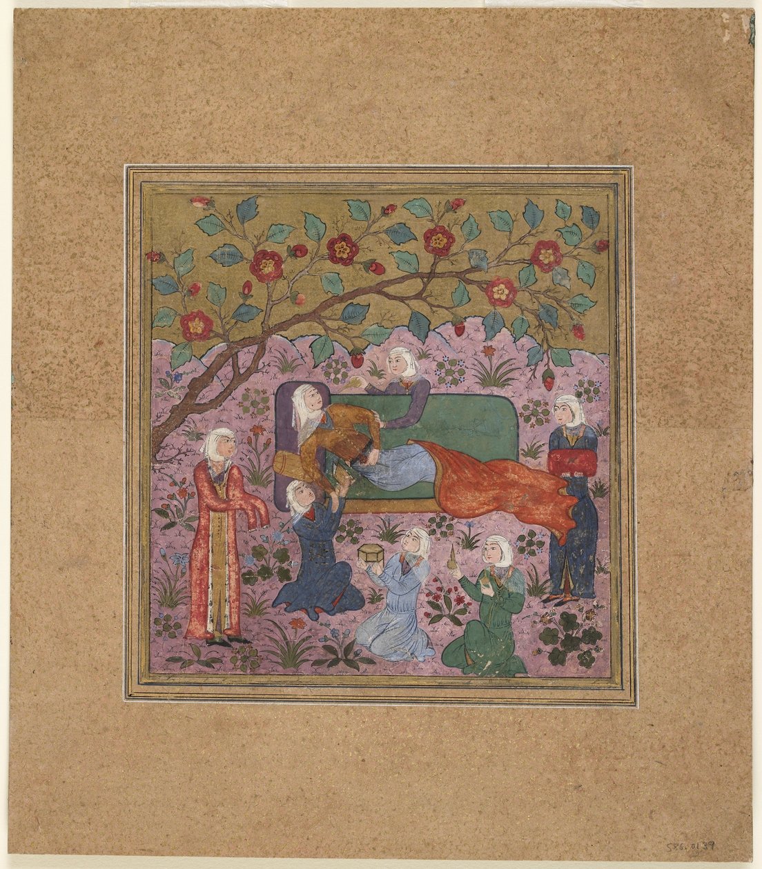 Fólio de um Shahnama (Livro dos Reis) de Firdawsi (d.1020); Uma mulher reclinada rodeada de atendentes (aguarela opaca, tinta e ouro sobre papel) de Indian School