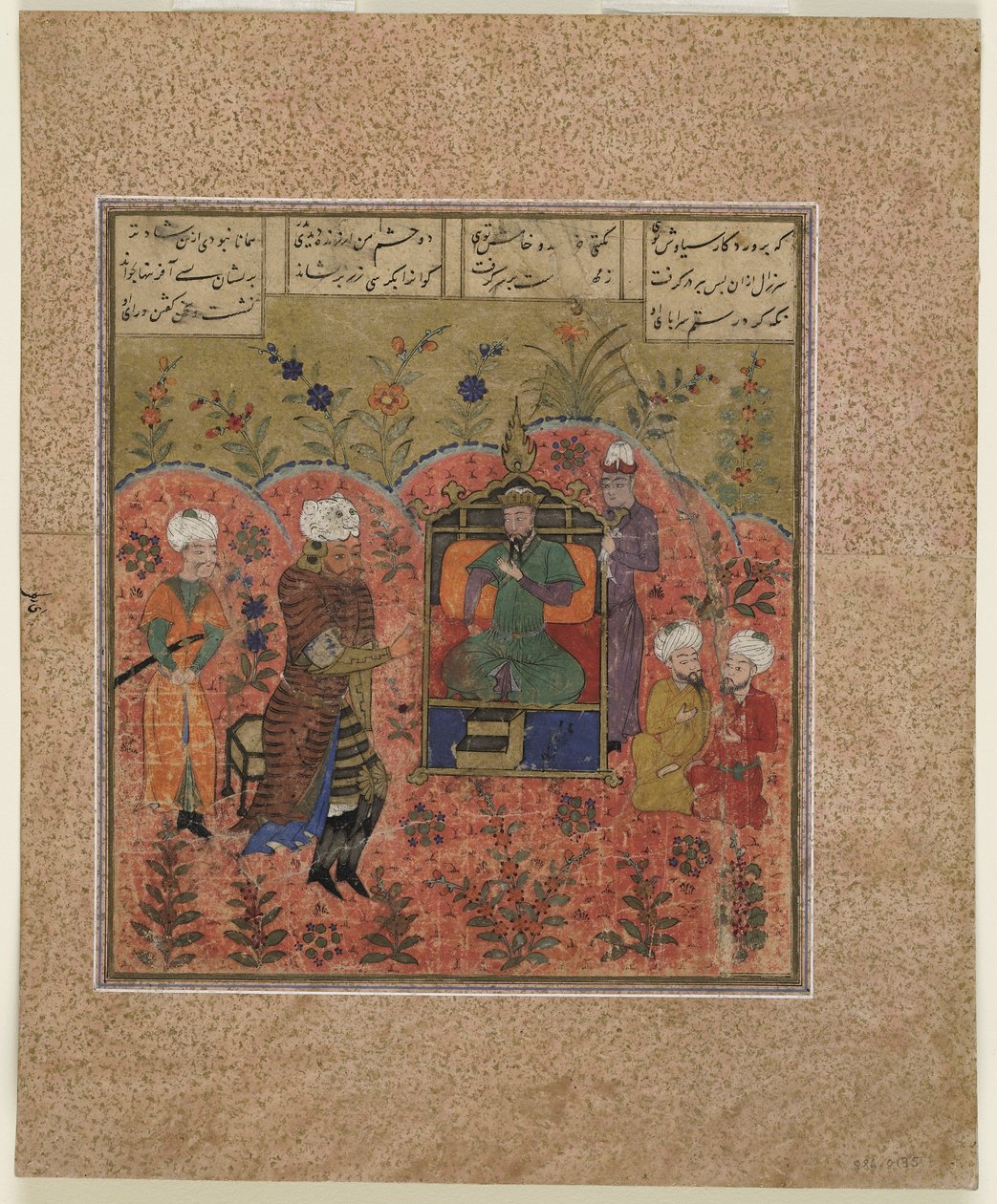 Fólio de um Shahnama (Livro dos Reis) de Firdawsi (d.1020); Rustam antes de Kay Kaus (aquarela opaca, tinta e ouro no papel) de Indian School