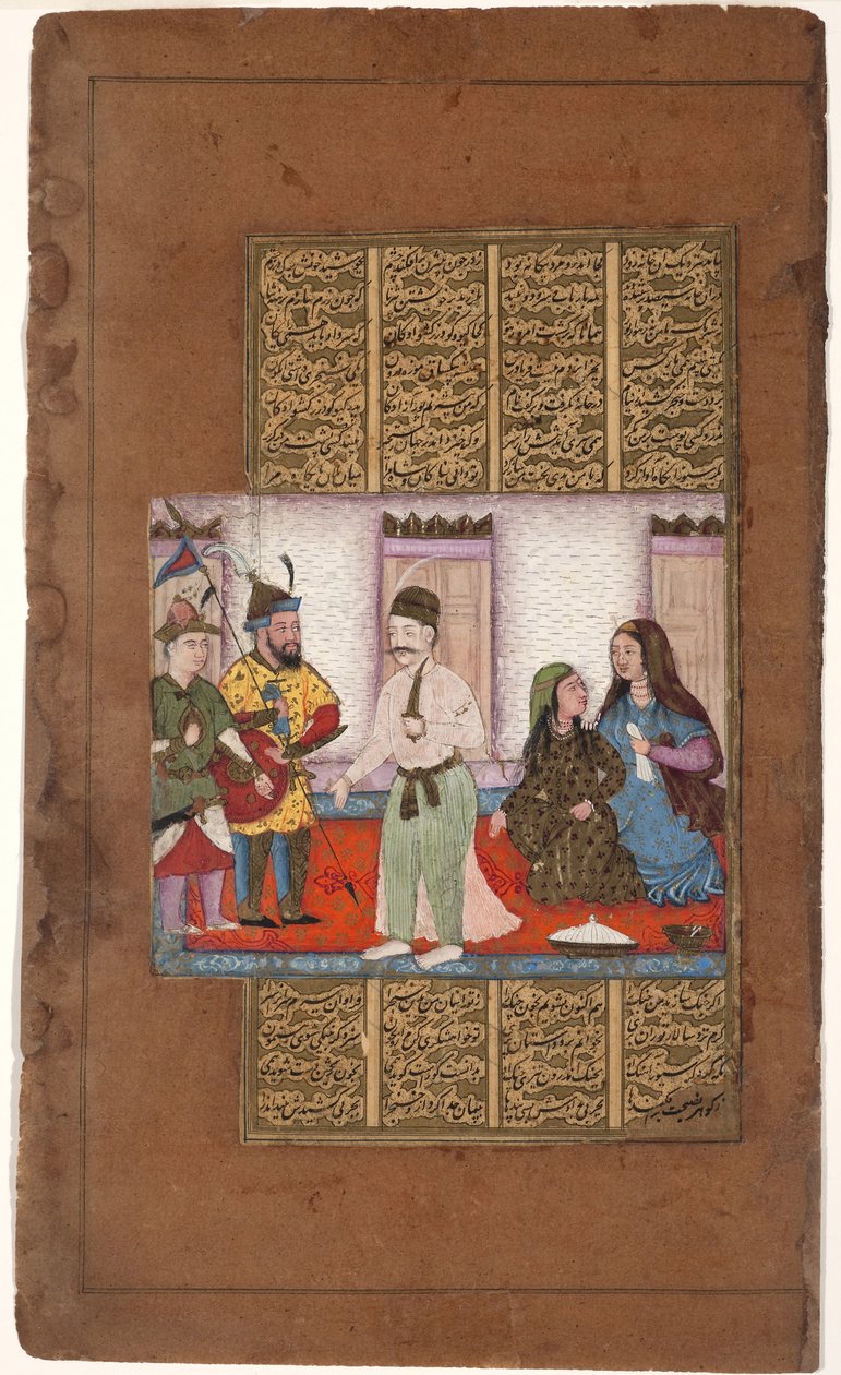 Garsivaz prende Bizhan em apartamentos Manizhas, c.1610 (wc opaca e ouro sobre papel) de Indian School