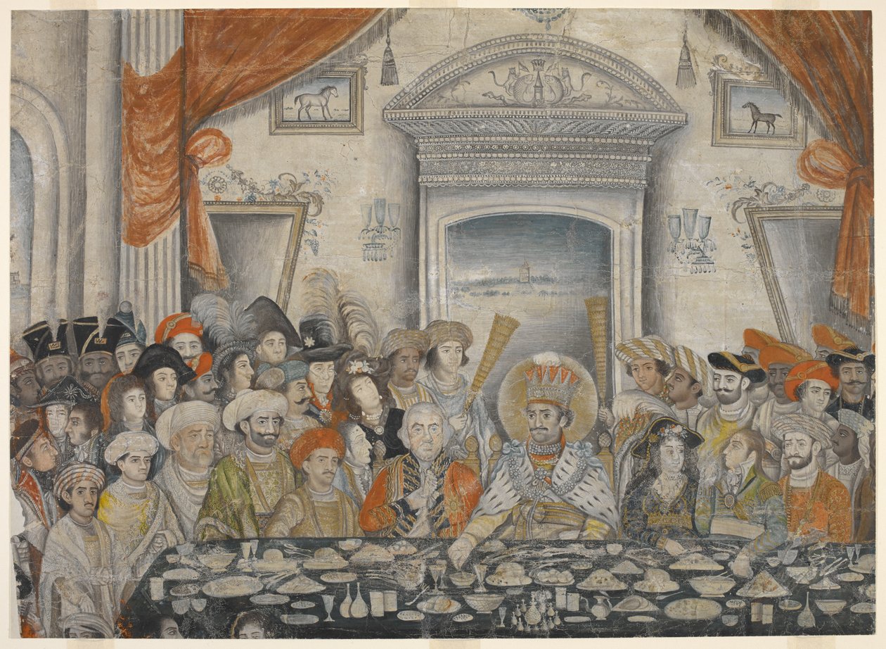 Ghazi-al-din Haidar (Nawab e, depois de 1819, Rei de Oudh 1814-27) recebendo Lord e Lady Moira para um banquete no seu palácio, c.1820-22 (manuscrito) de Indian School