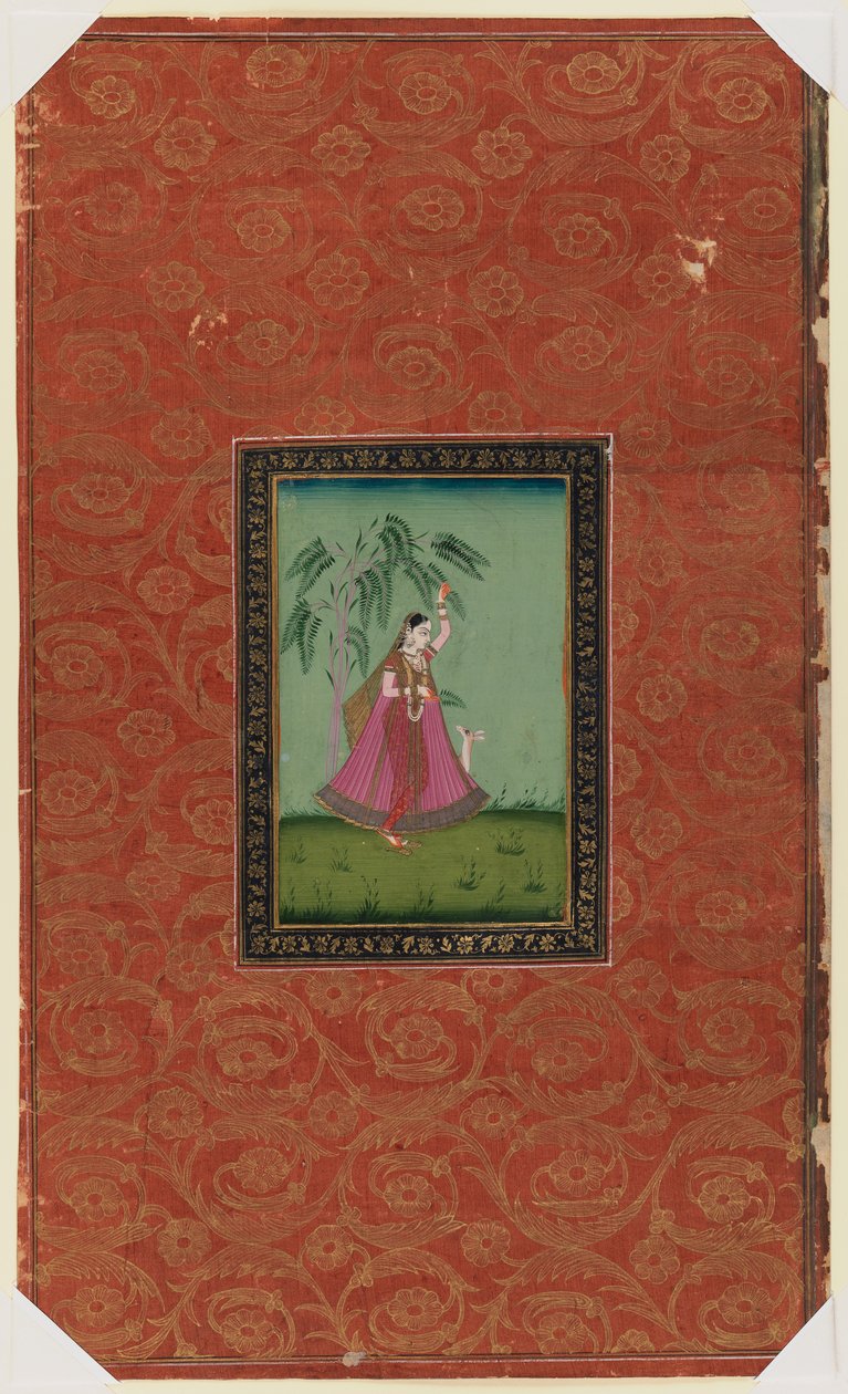 Menina com um veado, 1875-1900 (wc opaco e ouro sobre papel) de Indian School