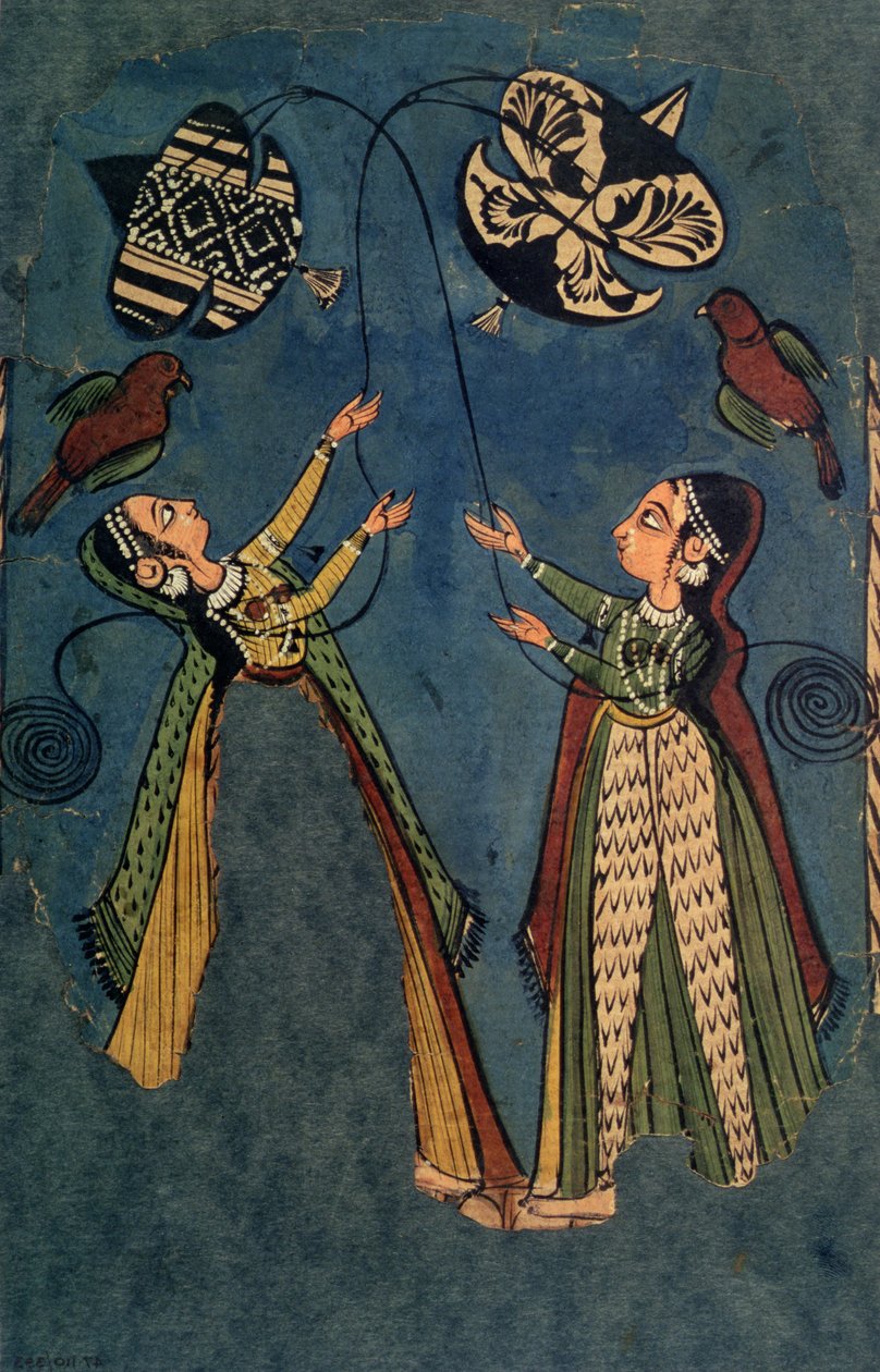 Meninas voando pipas, Kulu folk pintura, Himachal Pradesh de Indian School