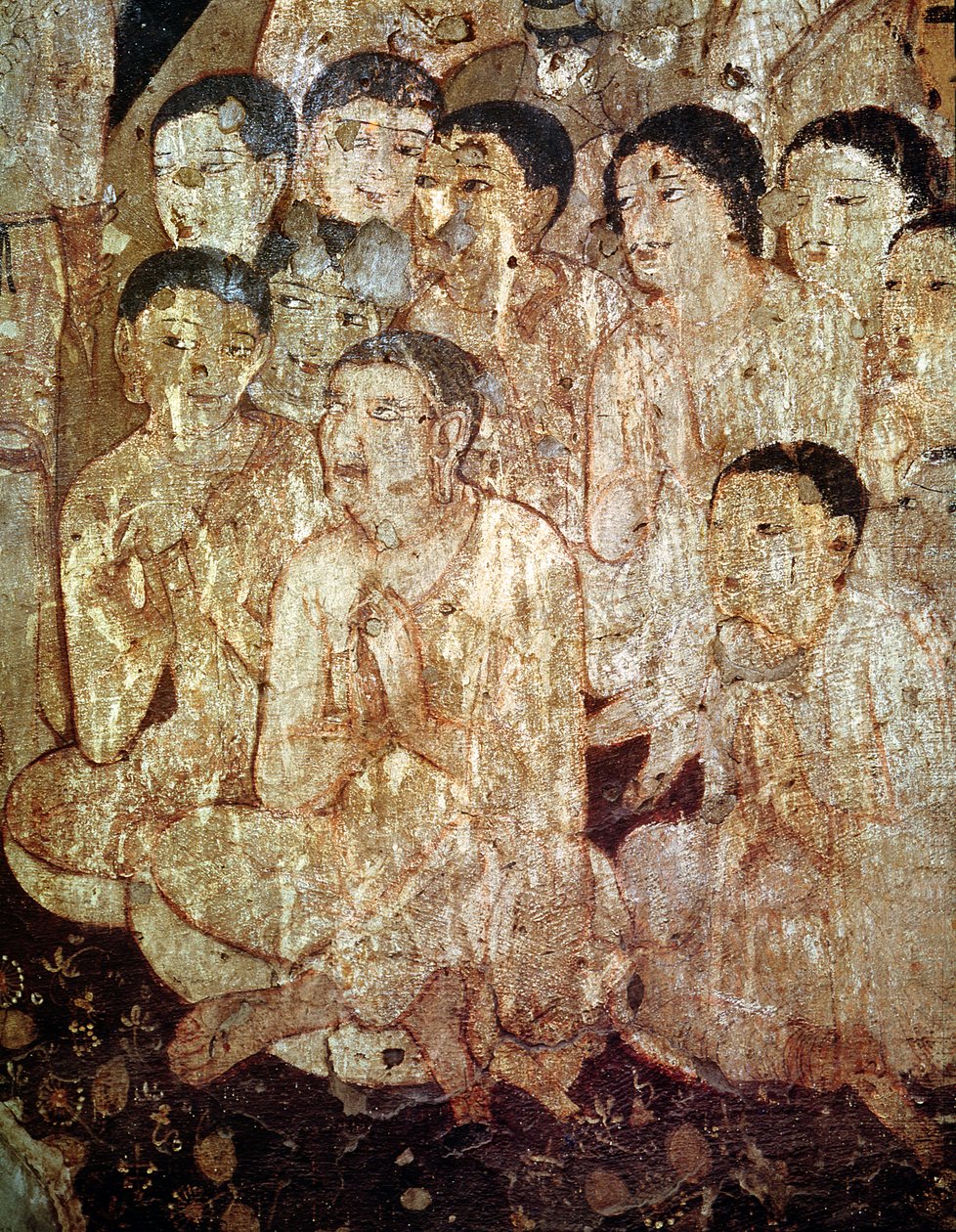 Grupo de discípulos lamentando a morte de Buda, do interior da caverna 17 de Indian School