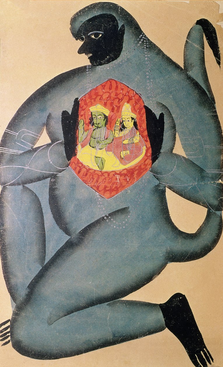 Hanuman revelando Rama e Sita consagrados em seu coração, pintados por um membro da casta Patua, 1880 de Indian School
